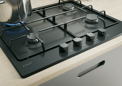 CANDY BI CHW6BRBB|33801972|Piano Gas da 60 cm nero;  Griglie in piattina; 4 fuochi con Bruciatore Ra